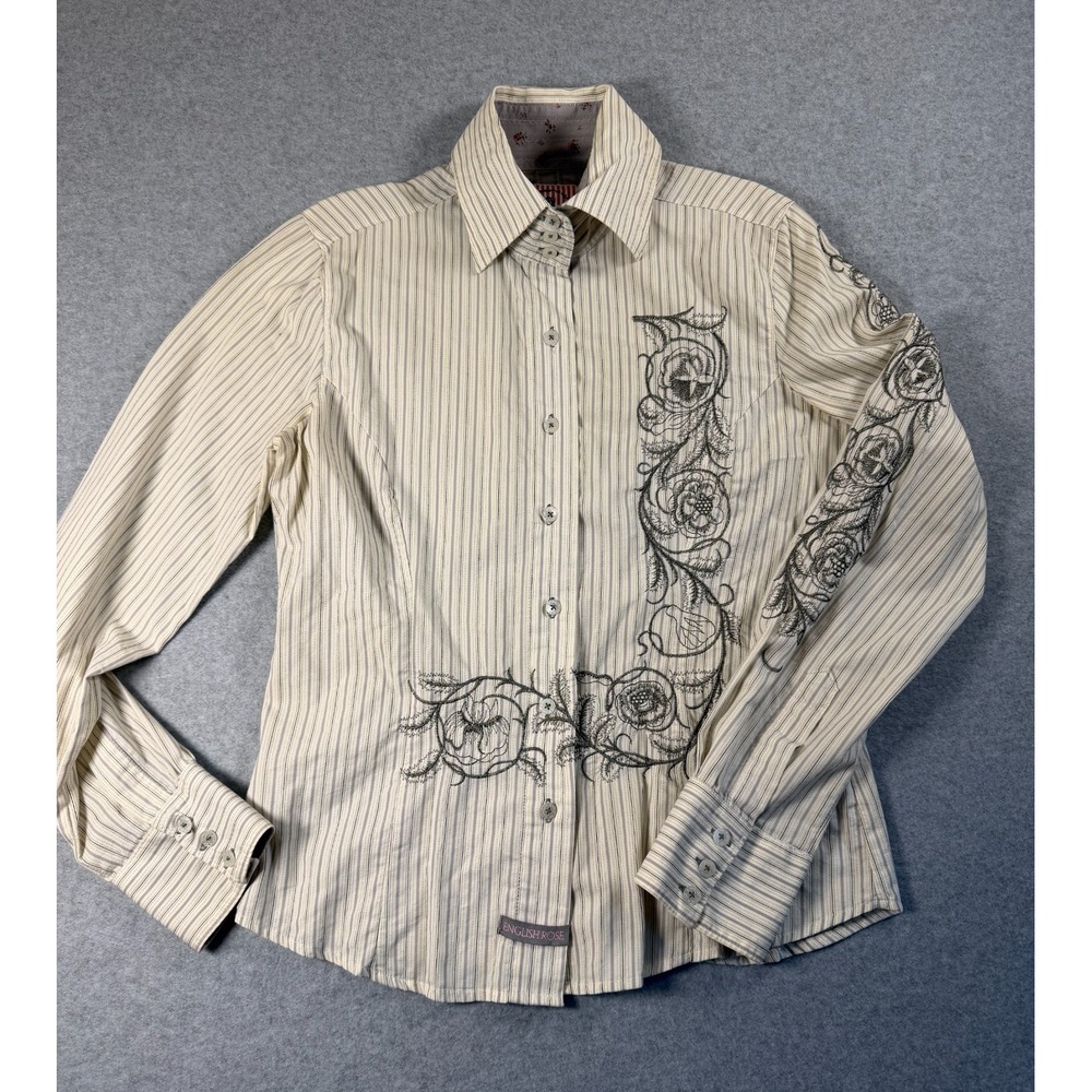 English Rose by EL Blouse Gray Stripe Long Sleeve Embroidered Cotton Sz L SKU242 - Picture 1 of 12